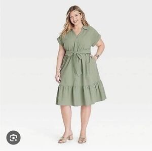 Ava & Viv sz 1X Sage Green Tiered Button Down Gauze Mini Shirt Dress NWT